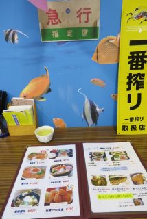 急行指定席のサボ席で刺身定食を注文