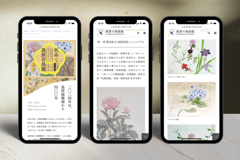 デジタル展覧会「⾊めく島原花⿃園 - 江⼾時代のボタニカル・アートをめぐる」は、商品付属のQR コードをスマホで読み込んで、いつでもどこでも鑑賞できる。